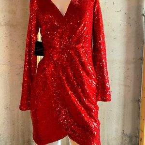 Red sequin faux wrap dress